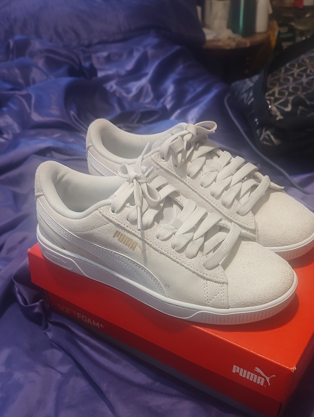 PUMA Women's Feather Gray White Sneakers with Gold Logo